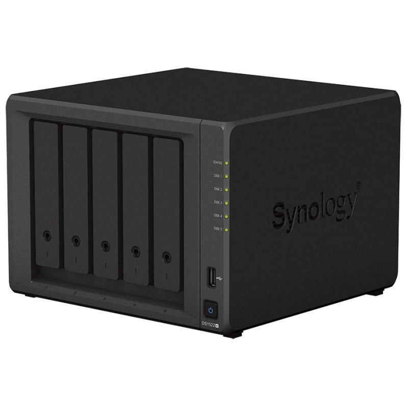 Synology DS1522+ DiskStation 5-bay NAS Server, 2.5/3.5 HDD/SSD/M.2, 8GB DDR4, 4×G-LAN, USB3.2/eSATA, Wake On LAN/WAN