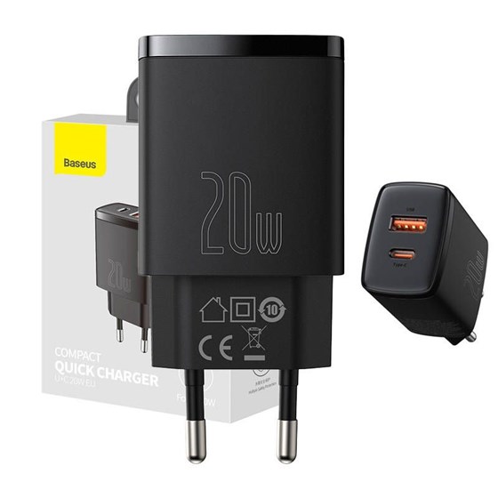 Univerzalni punjač Baseus Compact Quick Charger, USB, USB C, 20W, crni, CCXJ-B01